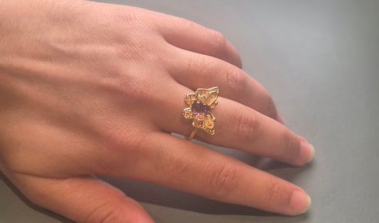 Bague Améthyste en Argent S925 - Papillon doré