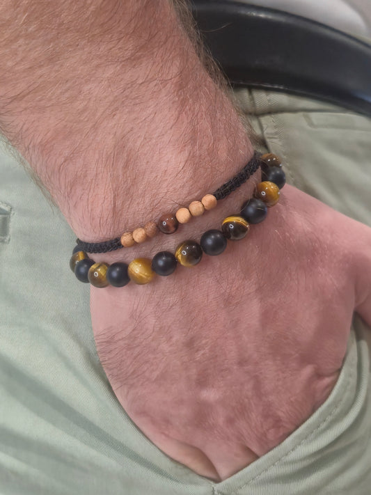 Bracelet Agate Noire Mat & Œil de Tigre – Protection, Force & Confiance