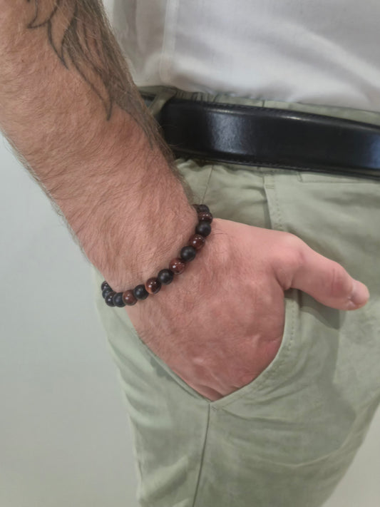 Bracelet Agate Noire Mat & Œil de Taureau – Protection, Force & Stabilité