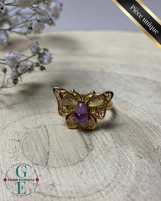 Bague Améthyste Papillon – Argent 925 Doré à l'Or 24K – Réglable