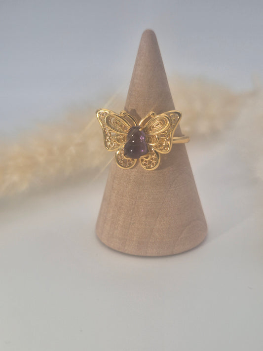 Bague Améthyste en Argent S925 - Papillon doré