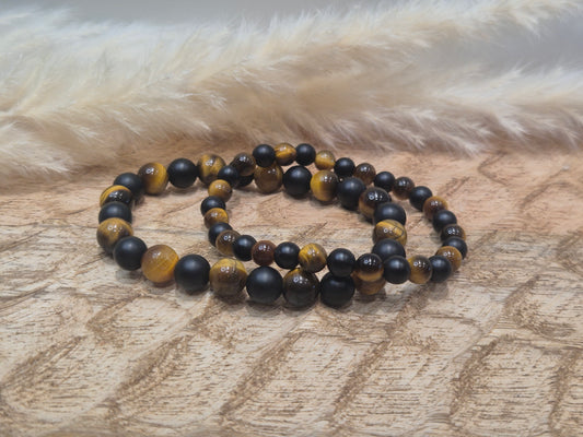 Bracelet Agate Noire Mat & Œil de Tigre – Protection, Force & Confiance