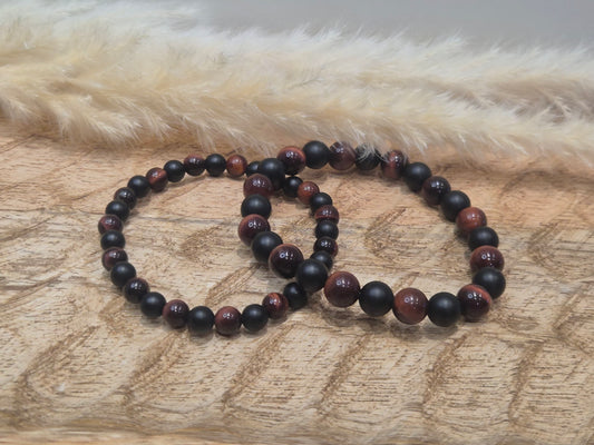 Bracelet Agate Noire Mat & Œil de Taureau – Protection, Force & Stabilité