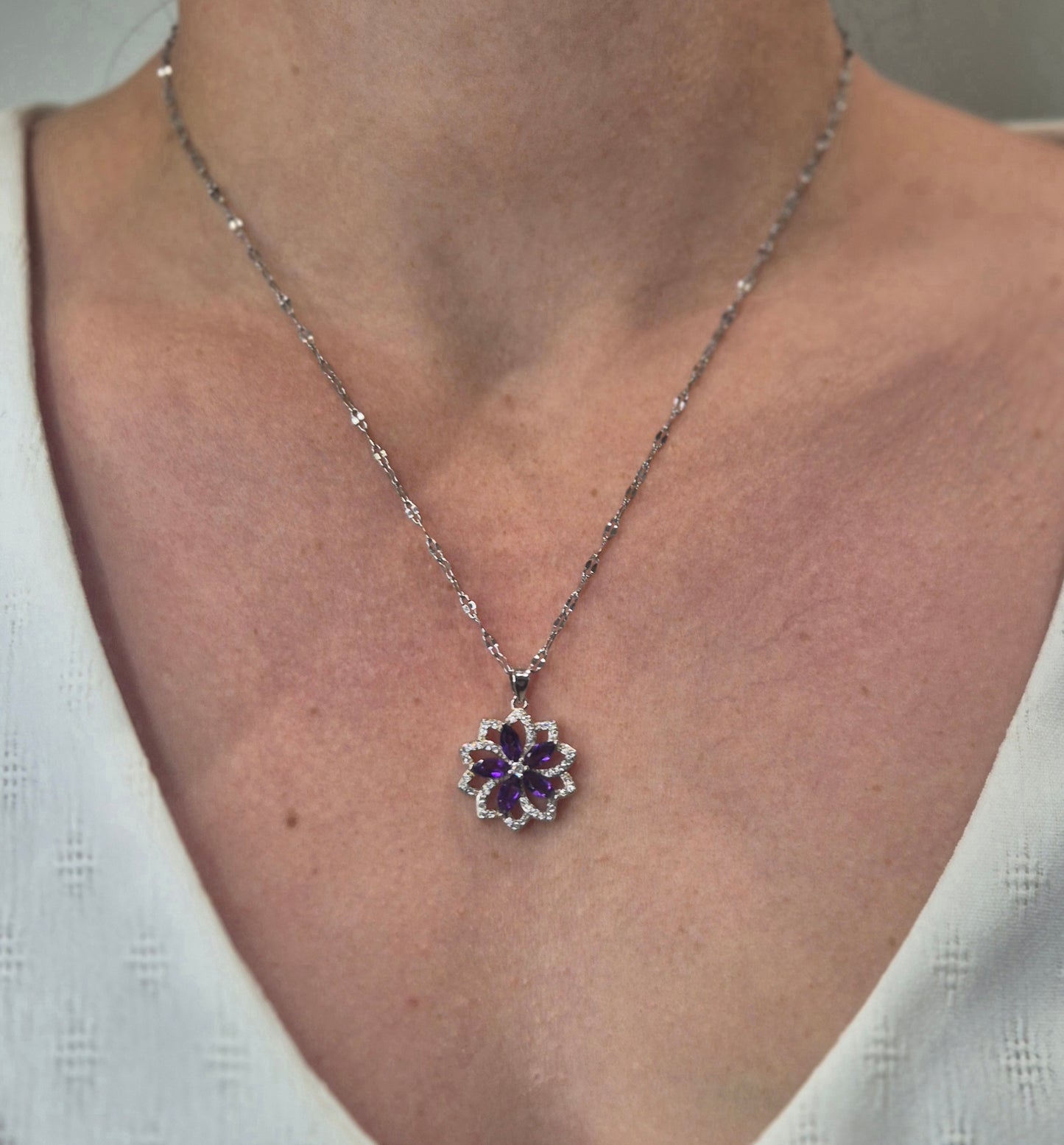 Pendentif Améthyste et Argent S925 - Motif Fleur