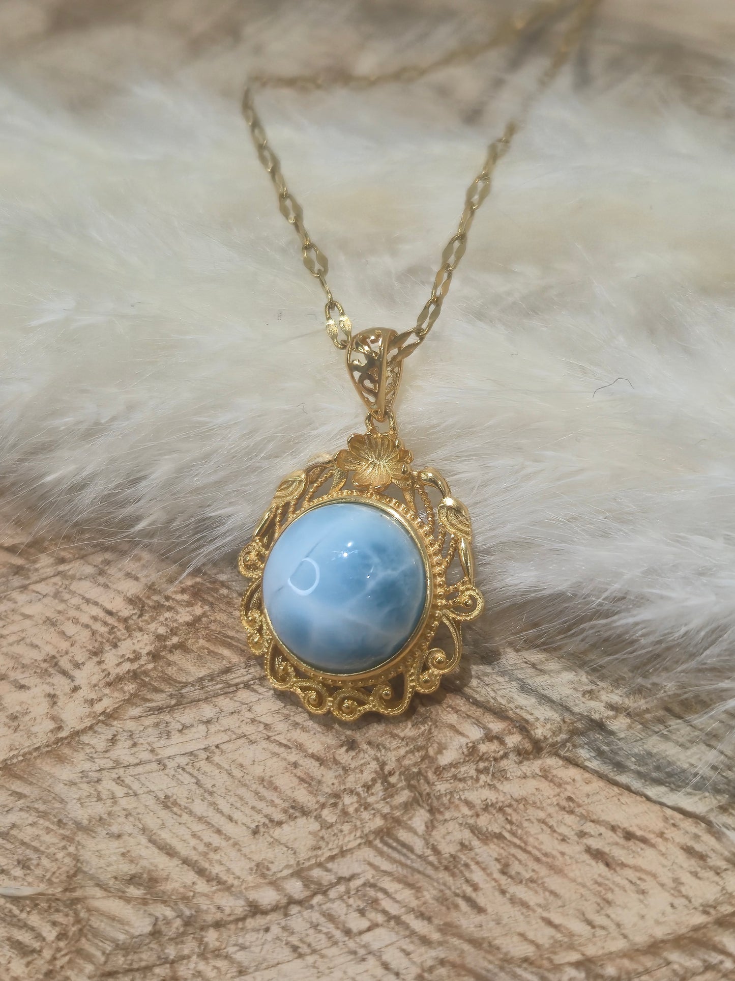 Pendentif Larimar Sertie en Argent S925 Dorée Style Antique