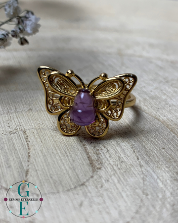 Bague Améthyste Papillon  – Argent 925 Doré à l'Or 24K – Réglable