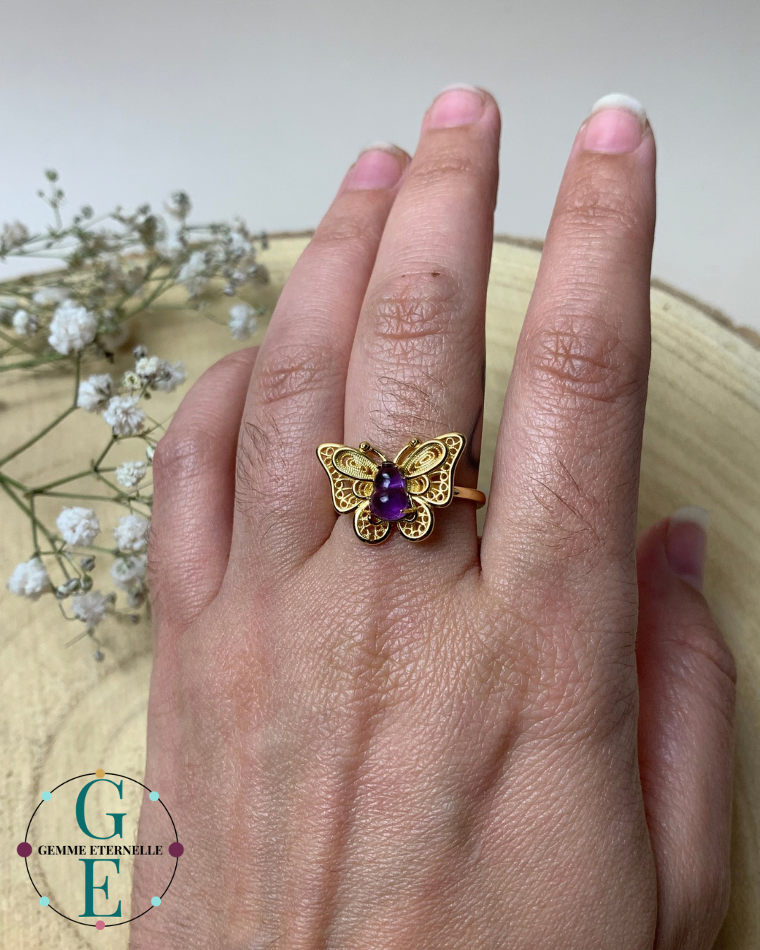 Bague Améthyste Papillon  – Argent 925 Doré à l'Or 24K – Réglable